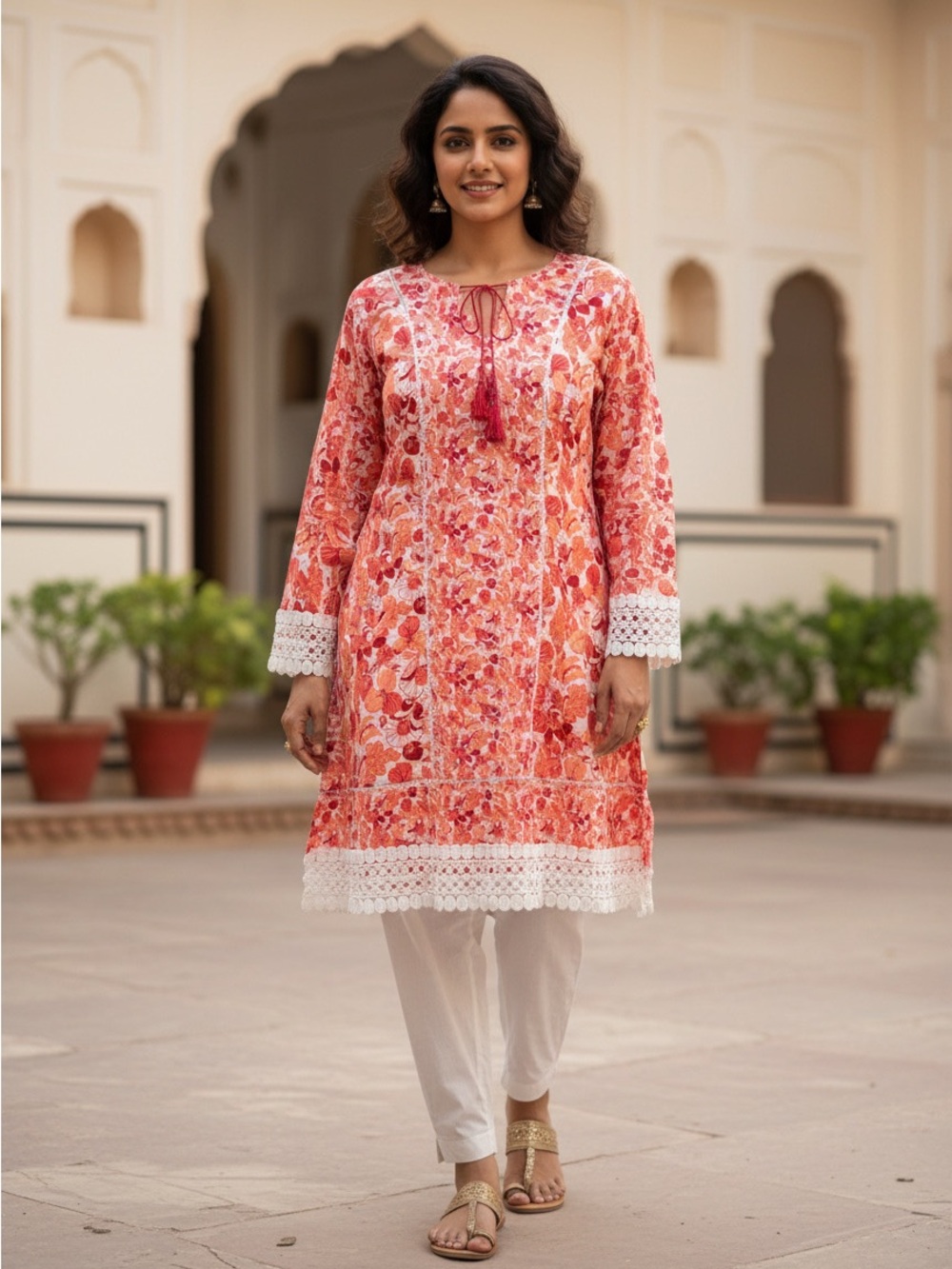 C. Wonder 100% Cotton Coral Floral Lace-Trim Tunic Like New Size 18W